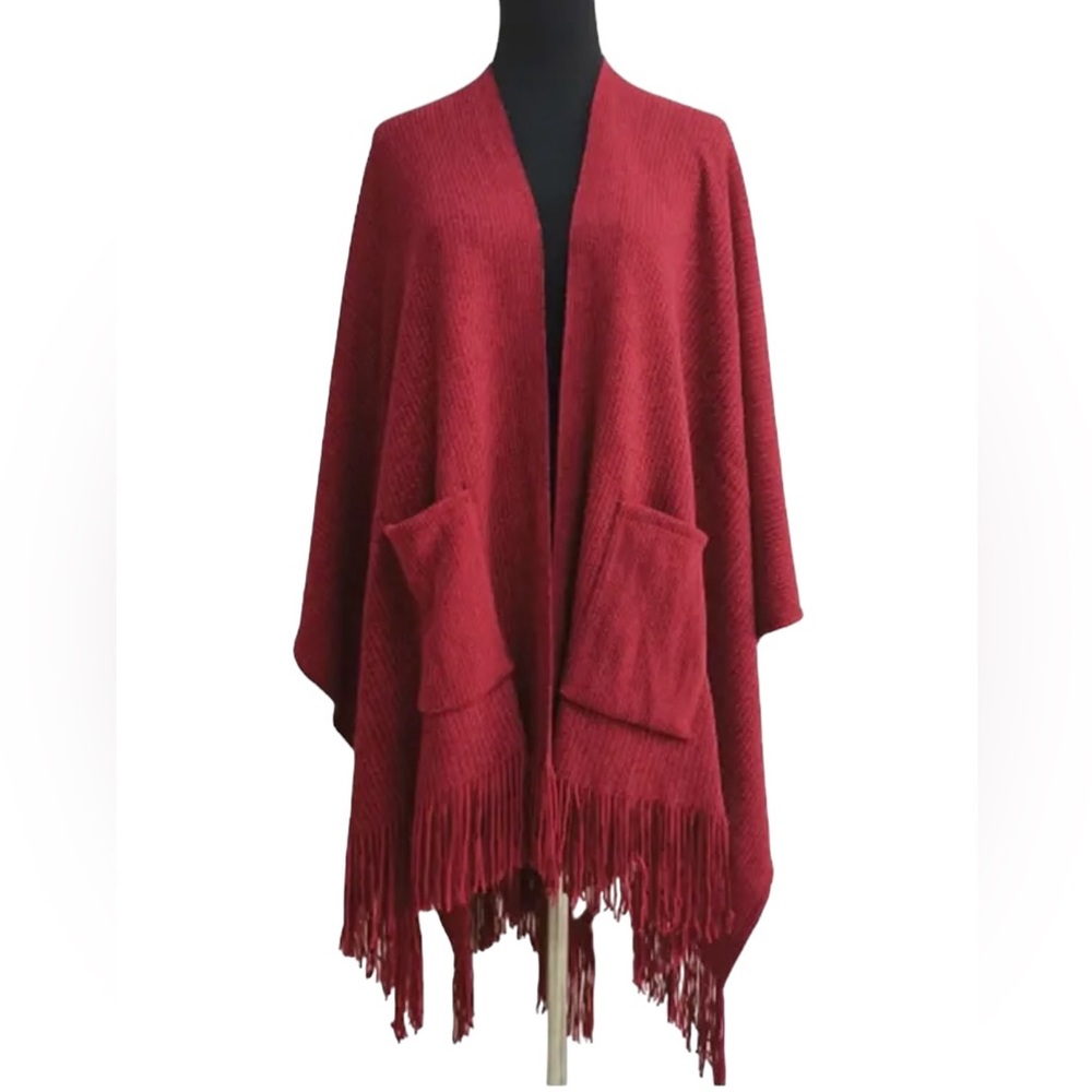 Open Fringed Poncho w/ POCKETS